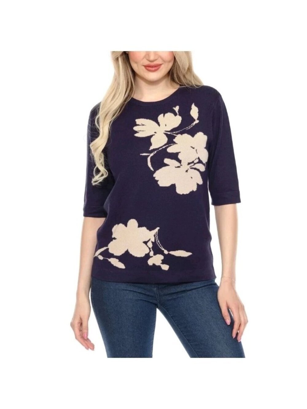 NWT Wrapper Women's XL Navy Floral Elbow Sleeve Sweater Lightweight Rayon C0989